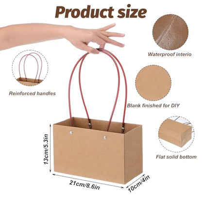 Limbeuuu 16-Pack Brown Paper Flower Gift Bags, Brown Bouquet Bag Box with Handle, Small Paper Carrier Tote Bags with Waterproof Lining for Floral Arrangements, Party Favor, Ultra Thick