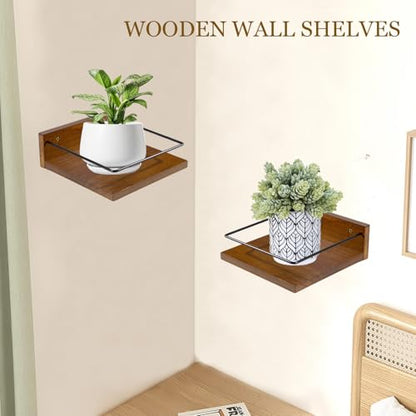 ARTORA Wall Mounted Plant Holder, Wooden Floating Shelves for Flower Pot Wall Hanging Wood Rack Farmhouse Small Decorative Wall Shelf for Bedroom Living Room Bathroom Porch Balcony Decor (2 Pack)