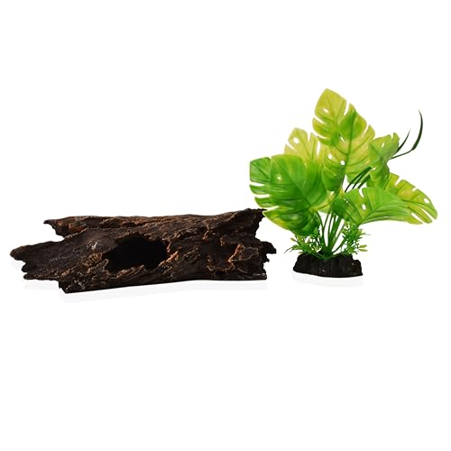 YAKCAM Driftwood Reptile Hide Cave, Aquarium Hideout w/Monstera 10.5x2.5 | Also Ideal for Amphibians & Lizards | Hollow Log Design | Life-Like 7" Monstera Plant | Terrarium Decor