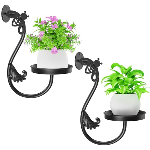 Metal Wall Plant Holder 2Pcs Indoor Outdoor Wall Flower Shelf - color: Black-Bees-2Pcs