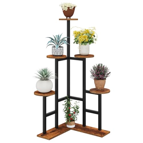 IBUYKE 6 Tier Plant Stand Indoor, Corner Plant Shelf, Rustic Brown TMJ072H - color: Rustic Brown, size: 6 Tier