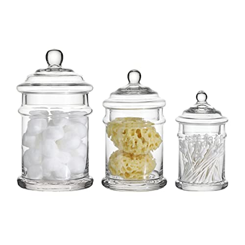 Glass Apothecary Jars Bathroom Storage Organizer Canisters (Set of 3, Clear)