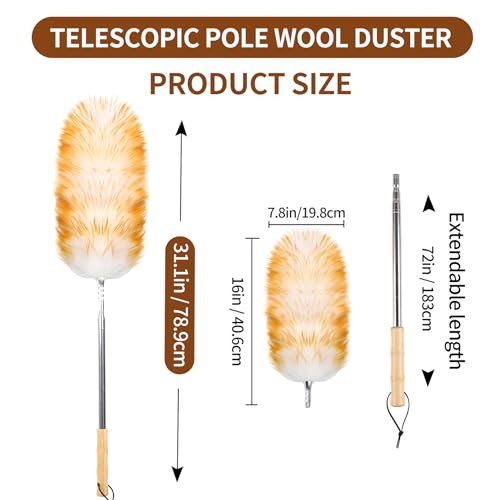 Lambswool Duster for Cleaning with Solid Wooden Handle Leather Hang Strap 87.8" Removable Retractable Feather Duster for Cleaning Ceiling Fans Window Blinds Interior Roof Furniture(2 Pack) - size: 87.8Inch