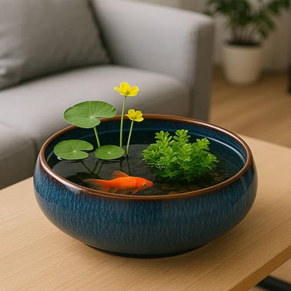 Oncpcare Lotus Bowl Planter – Ceramic Water Plant Pot Sacred Bonsai Bowl Lotus Flower, Shallow Glazed Vase for Lotus Seeds, Bonsai, Succulents, Hydroponic Plants (Blue) - color: Blue-a