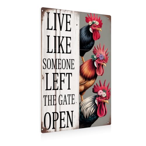 BEASTZHENG Chiken Rooster Gifts Vintage Chicken Sign Live Like Someone Left The Gate Open Metal Tin Sign for Home, Kitchen, Coop Farm, Fence, Bathroom, Bedroom Decor 8x12 Inches - color: Open