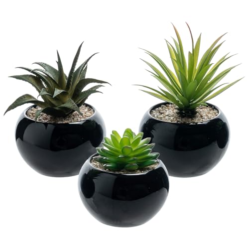 MyGift Mini Assorted Artificial Succulents in Round Black Ceramic Pots, Mixed Realistic Indoor House Plants, Set of 3 - color: Black