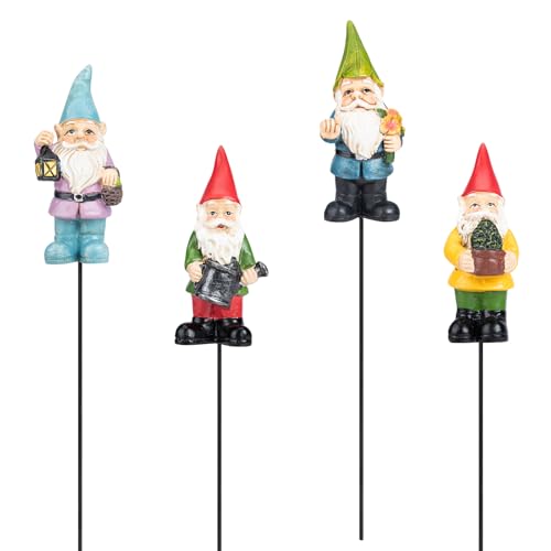 Gnome Garden Stakes Resin Figurine Mini Decor for Flower Pot Yard Multi | Whimsical Hand-Painted Resin Gnome Plant Stakes, Weatherproof Mini Figurines With Metal Stake For Fairy Garden Yard Decor - color: Multicolor