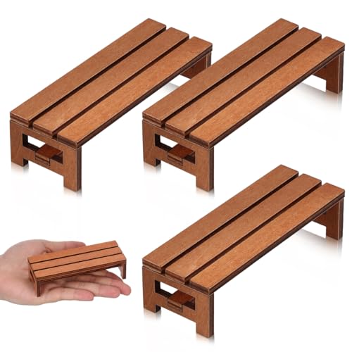 VOSAREA 3Pcs Miniature Bench Set Dollhouse Furniture Bench Miniature Chairs for Fairy Garden Bonsai Landscape Tabletop Display Photo Backdrop Prop Small Doll House Decor