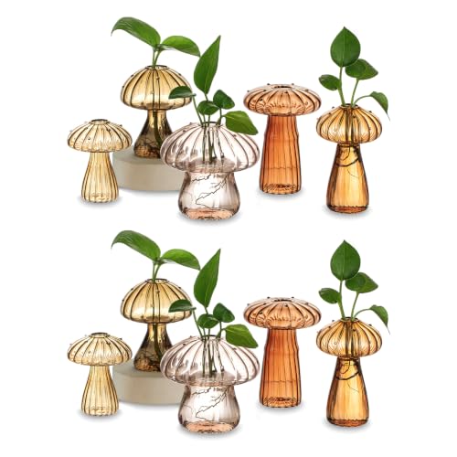 Hewory Plant Propagation Station: 10PCS Amber Mushroom Vase for Flower | Propagation Vases, Mushroom Decor, Gifts for Plant Lovers, Mother, Glass Planter for Windowsill, Buddy, Terrarium Kit, Jars - color: Multi-brown, size: 10