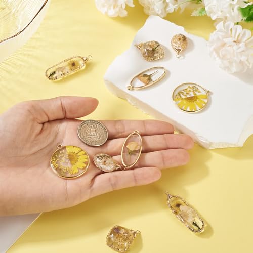 Natural Dried Pressed Flower Charms Geometric Shape Dried Flower Resin Charms Epoxy Resin Floral Pendants for DIY Crafts Necklace Earring Keychain Jewelry Making - color: Yellow