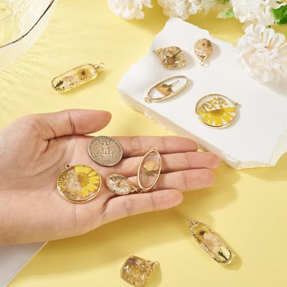 Natural Dried Pressed Flower Charms Geometric Shape Dried Flower Resin Charms Epoxy Resin Floral Pendants for DIY Crafts Necklace Earring Keychain Jewelry Making - color: Yellow
