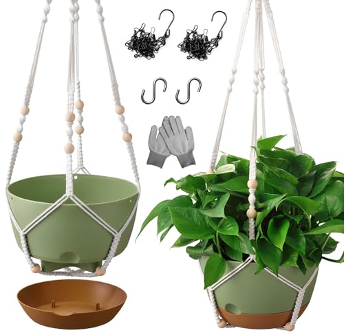 10 Inch Hanging Planters for Indoor Plants,Set of 2 Hanging Pots for Plants with Self-Watering, Outdoor Hanging Plant Pot with Drainage and 2 Kinds of Hanging Baskets Hangers for Home Decor and Garden - color: Green