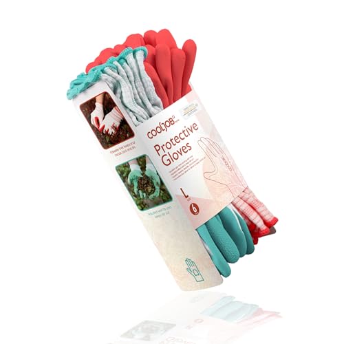 COOLJOB 6 Pairs Gardening Gloves for Women, Breathable Rubber Coated, L | Red & Blue, Textured Latex Palm, Breathable Polyester Liner, Flexible Fit, Machine Washable, Women's Garden Gloves - color: Bright Red, Mint Green, size: Large (Pack of 6)