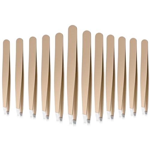 Mudder 12 Pcs Eyebrow Tweezers Set for Facial Hair in Bulk - color: Champagne Gold