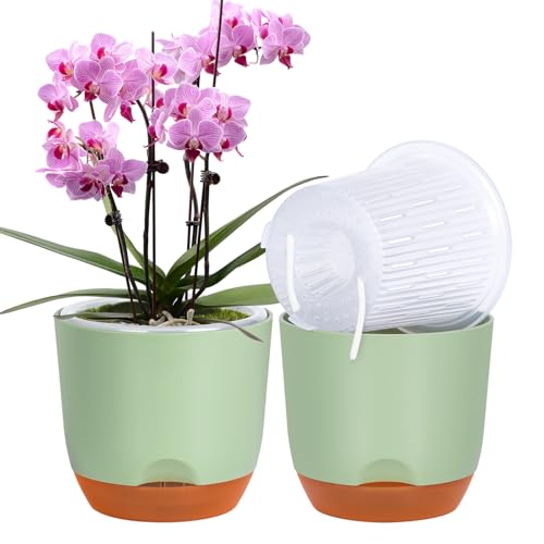 QCQHDU 2 Pack 7.2 Inch Orchid Pots with Holes for Repotting, Double-Layer and Self Watering Orchid Pot with Good Air Circulation - color: Green & Brown, size: 2packs 7.2IN