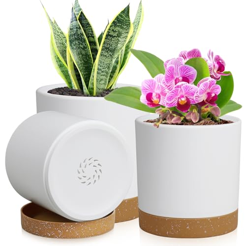 WSMKSZ 3 Pack 6/5/4 inch Cylindrical Flower Pots, Modern Small Round Plastic Plant Pots with Drainage Holes & Saucers, Clean and Refined Planter Pots for Outdoor, Indoor & Office Decor (White Brown) - color: White With Brown, size: 6+5+4 inch