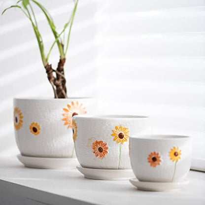 Ceramic Plant Pots,Sunflower Planters with Drainage Holes & Matching Saucer | Ceramic Flower Pot for Indoor Plants | Medium Plant Pots | Cute Herb Planting Pots | Hand-Painted Sunflower Design Pots - color: White and Yellow