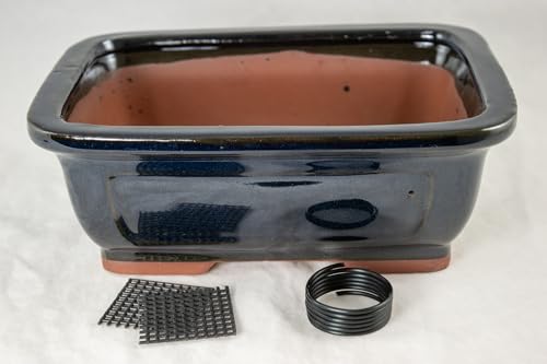 Rectangular Navy Blue Glazed Bonsai Pot, Cactus & Succulent Planter + Mesh and Wire 8"x 6"x 3" (G225-8NB)