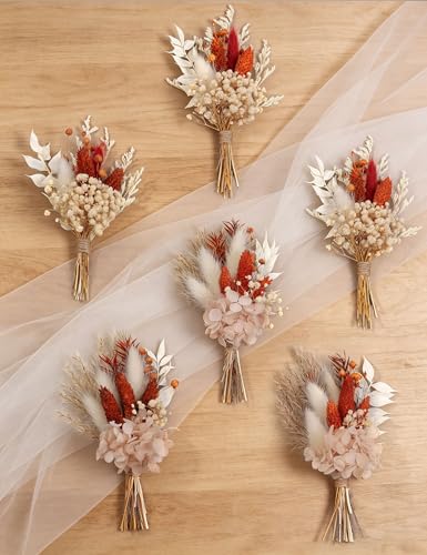 xin's convey Mini Dried Flower Bouquet Set of 6, Groom's and Best Man's Boutonnieres, Dried Flower Gift Box, Boho Wedding Plate Decoration, Birthday Cake Arrangement (Terracotta) - color: Terracotta