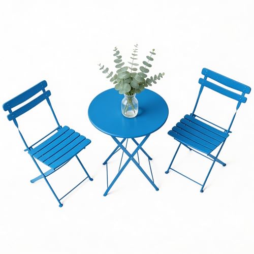 GarveeHome 3 Piece Foldable Patio Bistro Set, Outdoor/Indoor Metal Table and Chairs Furniture, Compact Round Table with 2 Folding Chairs for Balcony, Porch, Deck, Garden, Apartment, Small Space, Blue - color: Blue, size: 3-Piece (Round Table)