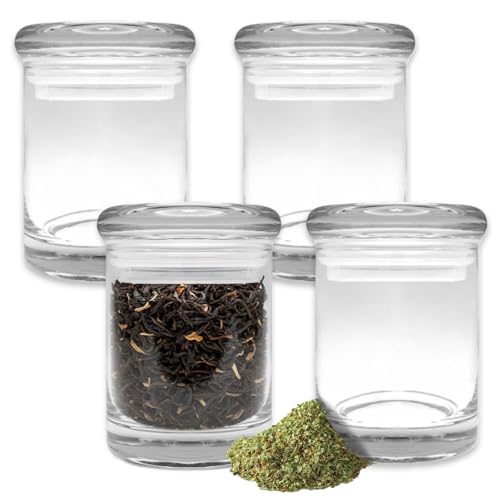 Airtight Smell Proof Glass Jar 6 Oz Pack - Bundle with 4 Clear Glass Storage Containers for Herbs, Tea, Coffee, Spices, More | Stackable Stash Jars 6 Ounces