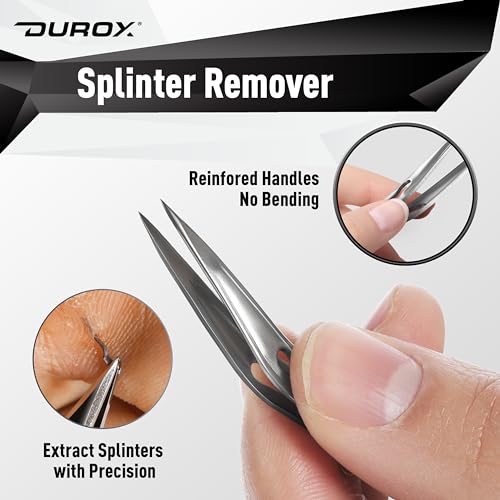 DUROX 3-Piece Tweezers Set for Ingrown Hair & Splinter Removal - 1. Pointed Ingrown Hair Tweezers, 2. Sharp Splinter & Sliver Remover, 3. Blunt Tip Facial & Chin Hair Tweezers, Stainless Steel, Pouch