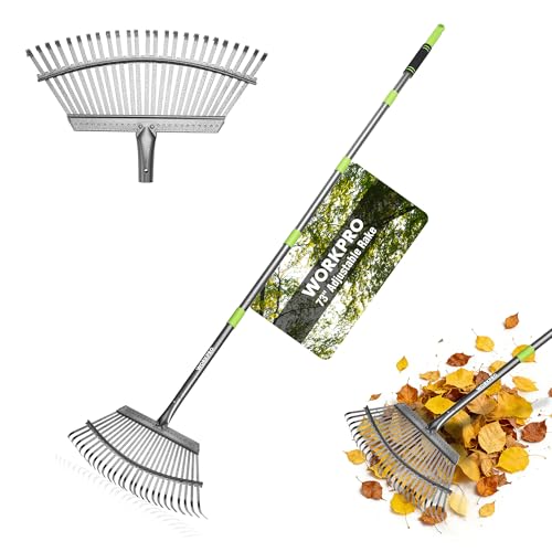 WORKPRO Rakes, Small Leaf Rake with 73” Adjustable Long Handle | Narrow Metal Garden Rake with 25 Steel Tines, Heavy Duty Rust-Resistant Lawn Rakes for Yard, Flower Beds & Tight Spaces - size: 25 TINE