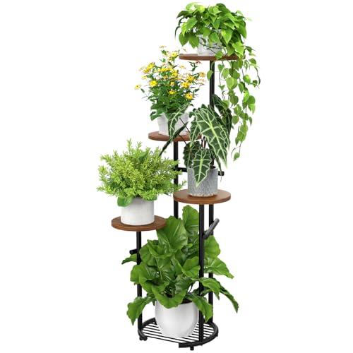 TOSKING 5-Tier Round Wood Corner Plant Stand Indoor, Anti-Tip, Brown&Black | 42-Inch Height, Space-Saving Design, Vertical Multi-Plant Display, Decorative Home Accent, Adjustable Feet - color: Wood + Black, size: 5tier Rd