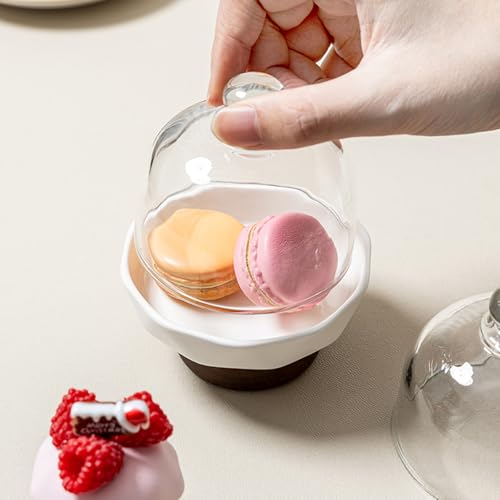 2 Pack 4 in Mini Ceramic Cake Stands with Glass Domes, White Dessert Cloche Displays with Acacia Wood Feet for Macarons, Cupcakes, Candy, Cheese, Tea Parties and Dessert Bars - color: 2 Sets 4 Inch Mini Ceramicglass Dessert Dome