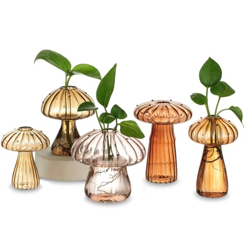 Hewory Plant Propagation Stations: 5PCS Amber Mushroom Vase for Flower | Propagation Vases, Mushroom Decor, Gifts for Plant Lovers, Mother, Glass Planter for Windowsill, Buddy, Terrarium Kit, Jars - color: Multi-brown, size: 5