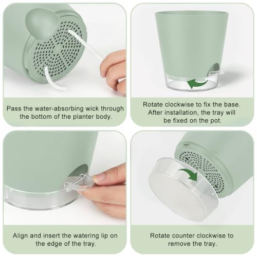 QRRICA 5/5.5/6/6.5/7/8 inch Self Watering Pot Set, Visible Water Level Planter with Transparent Reservoir & Drainage Holes, Plastic Flower Pots with Cotton Rope for Indoor/Outdoor Use (Green) - color: Green