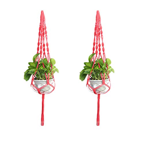 Set of 2 Macrame Plant Hanger Nylon Rope Wall Hanging Planter Basket for Indoor Outdoor Flower Pot Plant Holder Wall Art Vintage-Inspired Home Decor, with Metal Ring 4 Legs 39 inch (Red) - color: Red