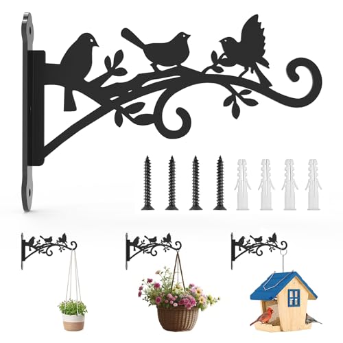 Metal Hanging Plant Bracket with Birdie Pattern 2 Pack – Heavy Duty Plant Hooks for Hanging Flower Baskets，Plants, Bird Feeder, Wind Chime - Indoor/Outdoor Use，Black Matte Texture (9 in) - size: 9 Inch