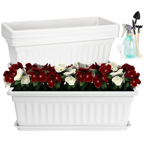 6 Pcs Window Box Planter, 17" Rectangular Planter Box with Saucers, White | Sturdy Plastic Planter Boxes, Outdoor Indoor, Vegetable Flower Pots, for Windowsill, Patio, Porch, Garden Balcony, Gardening - size: White - 6 pack
