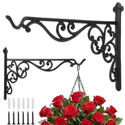 Landhoow 2 Pcs 15.6'' Cast Iron Outdoor Hanging Bracket Plant Hanger, Black | Heavy Duty Basket Hook, Vintage Decorative Shelf Garden Planter Flower Hook, for Pot Lantern Wind Chime Hummingbird Feeder - color: Black