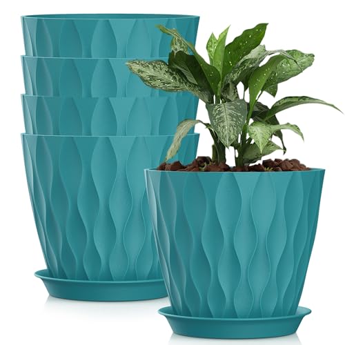 8 Inch Plastic Plant Pots,Set of 5 Flower Pots,Planters with Drainage Holes & Saucers, Indoor Outdoor Garden Pots for Home Decor(Blue-Green) - color: Blue-green