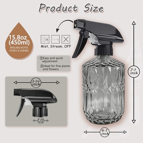 Glass Plant Mister Bottle, 15oz, Dark Grey, Adjustable Nozzle | Refillable Spray Bottle, Small Handheld Water Spray Bottle for Indoor Flowers, Outdoor Gardening, Cleaning, Pets Care, Hair - color: Dark Grey