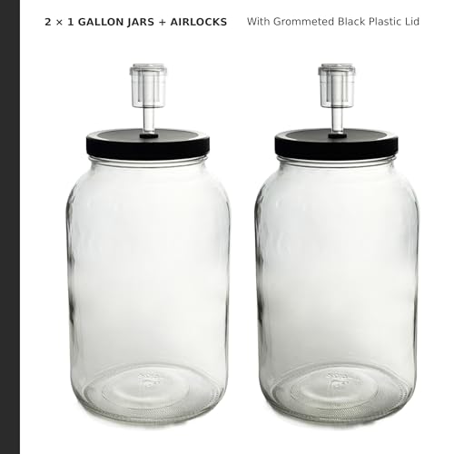 North Mountain Supply 1 Gallon Glass Jar Wide Mouth with Grommeted Black Plastic Lid, and 2-Piece Airlock - USDA, BPA-Free, Made in the USA - for Fermenting, Kombucha, and Much More! - Case of 2