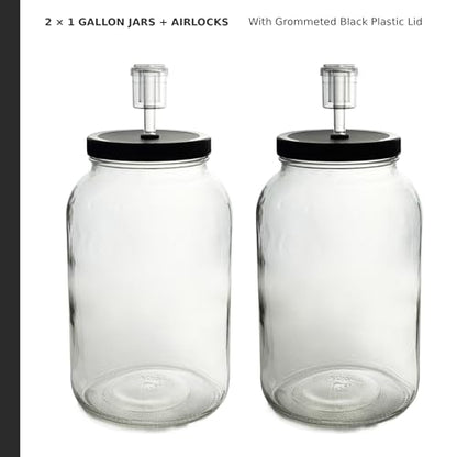 North Mountain Supply 1 Gallon Glass Jar Wide Mouth with Grommeted Black Plastic Lid, and 2-Piece Airlock - USDA, BPA-Free, Made in the USA - for Fermenting, Kombucha, and Much More! - Case of 2