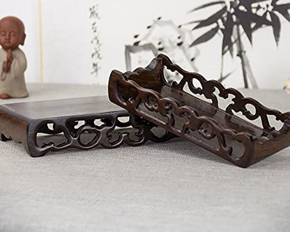 Catalpa Wood Rectangular Book Scroll Small Base Handmade Crafts Pedestal | Black Wooden Carved Vase Flower Pot Buddha Ornament Display Stand - size: 3.5X1.6X1.0 in