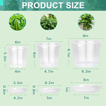 OUPSAUI 8/7/6 Inch Clear Nursery Pots with Drainage and Trays, 9 Pack Large Plastic Pots for Plant, Seedling Starter Pot, Garden Pots for Succulents Flower Vegetables Herb - size: 6/7/8 Inch