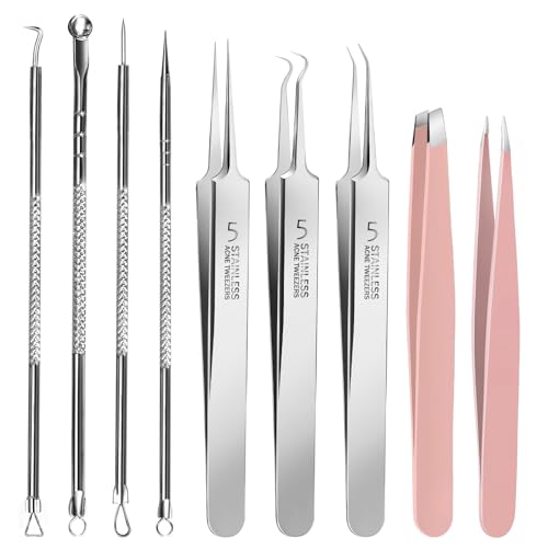 Teenitor 9 Pcs Professional Blackhead Tweezers and Pimple Popper Tool Kit, Stainless Steel Blackhead Remover Tools