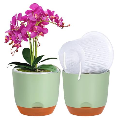 QCQHDU 2 Pack 5.7 Inch Orchid Pots with Holes for Repotting, Double-Layer and Self Watering Orchid Pot with Good Air Circulation - color: Green & Brown, size: 2packs 5.7IN