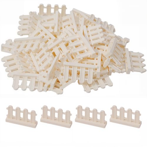 50 Pieces White Picket Fence Bulk, 1.25 x 0.75 x 0.32 in ABS Plastic Mini Picket Fence Accessories, Compatible with Classic Building Bricks for Garden Building Set, Farm Animals and Miniature City