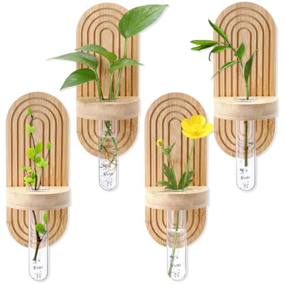 Beeveer 4 Sets Hanging Plant Propagation Stations Bamboo Wood Wall Mounted Test Tube Vase Rustic Decorative Glass Planter Holder Gift for Women Plant Lover Hydroponic Flowers Home and Office Decor