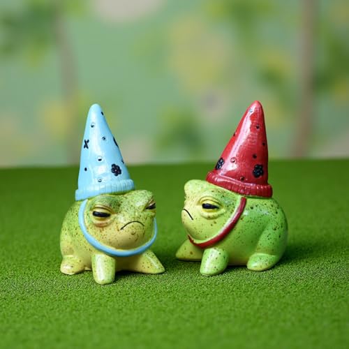 2Pcs Cute Resin Frog Figurines with Hats, Miniature Garden Animal Statues, Flower-Themed Fairy Garden Decor for Succulent Planters, Indoor & Outdoor Home Patio Yard Decoration