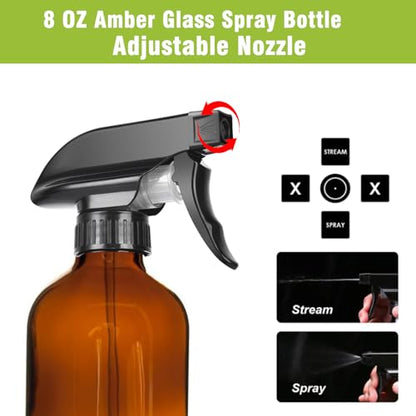 8OZ Amber Glass Spray Bottles - 2 Pack - Empty Refillable Bottle for Essential Oils, Plants, Cleaning Solutions, Hair Mister - Durable Nozzle w/Fine Mist and Stream Setting