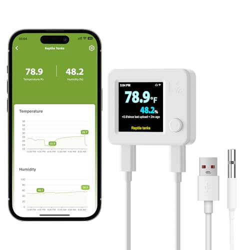 MOCREO WiFi Reptile Thermometer Hygrometer, Waterproof Probe, App Alerts - color: White