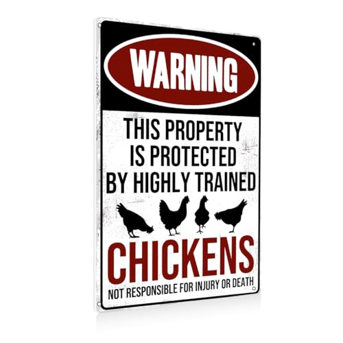 BEASTZHENG Funny Chicken Coop Sign - "Warning: Property Protected by Chickens" Decorative Metal Tin Sign for Farm, Garden, Yard, Outdoor 8 x 12 Inches - color: Chickens