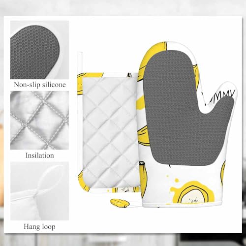 Mxocom Banana with Slices Oven Mitts and Pot Holders Sets Yummy Yellow Banana Silicone Heat Resistant Kitchen Oven Gloves Pot Holder for Cooking - color: Banana With Slices